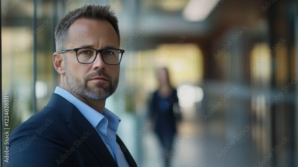 Fototapeta premium Confident 35-year-old businessman portrait in sharp focus with blurred woman in modern office background showcasing professional attire and contemporary environment.