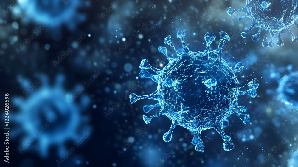 Closeup of Blue Virus Microorganisms in Glowing Digital Background : Generative AI Closeup of Blue Virus Microorganisms in Glowing Digital Background : Generative AI
