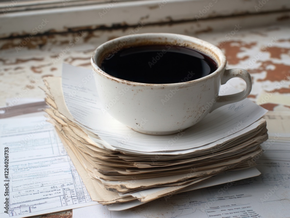 Cup of Black Coffee on Stacked Papers in a Vintage Setting with Rustic Background and Natural Light Cup of Black Coffee on Stacked Papers in a Vintage Setting with Rustic Background and Natural Light