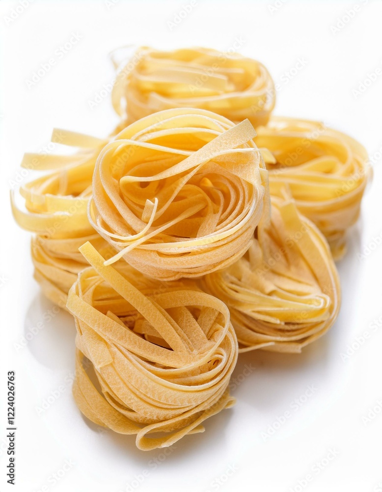 Close-up of uncooked pasta nests, showcasing their texture and golden hue. Close-up of uncooked pasta nests, showcasing their texture and golden hue.