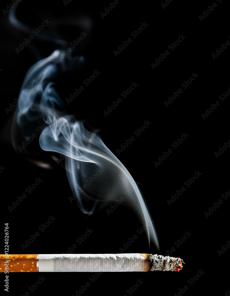 A smoldering cigarette against a stark black backdrop. The smoke curls elegantly upwards. A smoldering cigarette against a stark black backdrop. The smoke curls elegantly upwards.