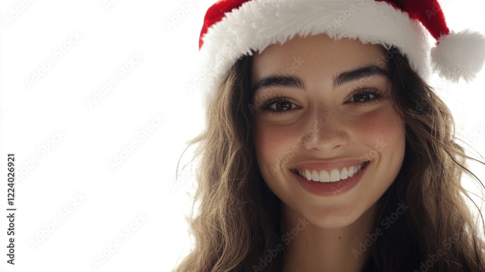 Smiling young woman with long dark hair wearing a festive red and white Santa hat against a bright white background, conveying holiday cheer. Smiling young woman with long dark hair wearing a festive red and white Santa hat against a bright white background, conveying holiday cheer.