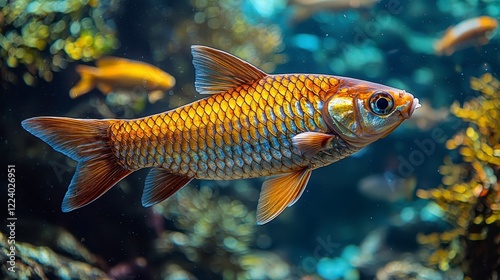 Golden fish swims in aquarium; coral reef background; nature, aquatic life photo