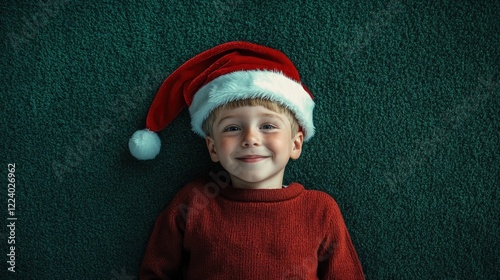 Smiling young boy wearing a Santa hat, lying on a rich green background, capturing a joyful Christmas mood and festive spirit. photo