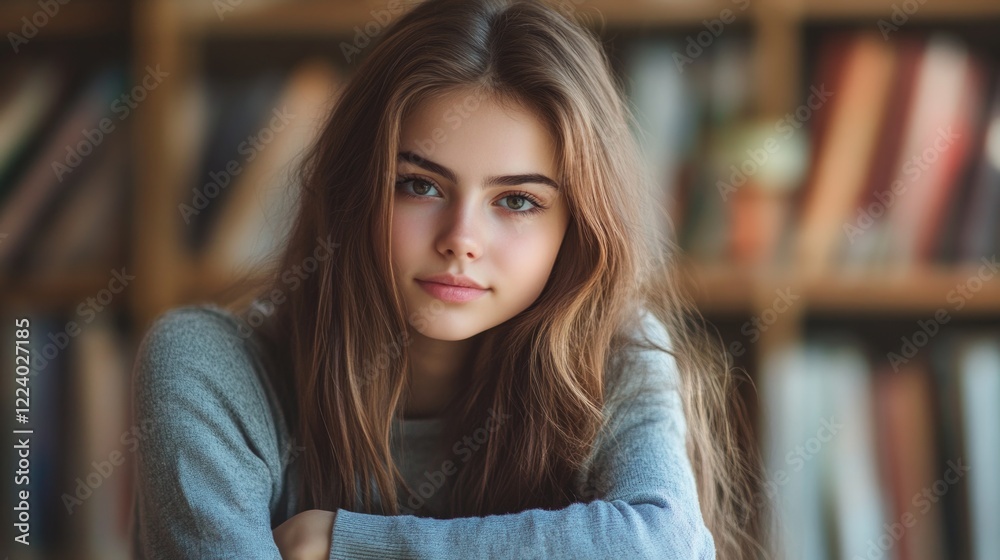 Young woman with long brown hair, wearing a gray sweater, sitting indoors among bookshelves, looking thoughtfully at the camera in a cozy atmosphere. Young woman with long brown hair, wearing a gray sweater, sitting indoors among bookshelves, looking thoughtfully at the camera in a cozy atmosphere.