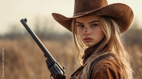 Serious young woman cowgirl with long blonde hair wearing a brown cowboy hat and leather jacket holding a vintage rifle in a rural landscape. photo