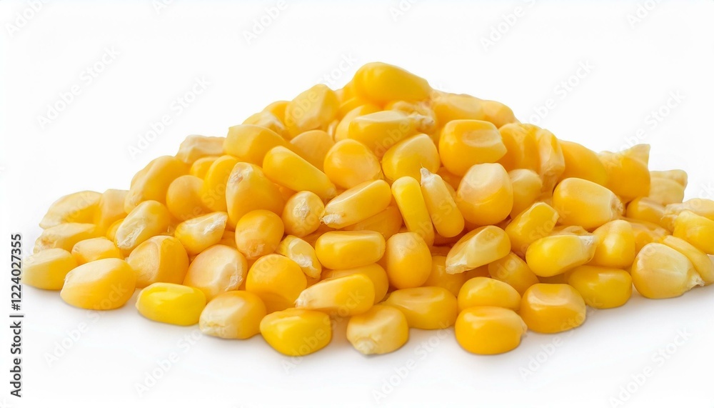 A mound of sweet corn kernels, vibrant yellow against a stark white background. A mound of sweet corn kernels, vibrant yellow against a stark white background.