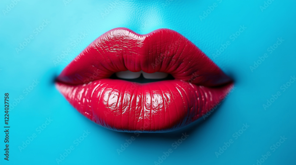 Close-up of red lips on a vibrant blue face, ideal for creative and design projects. 