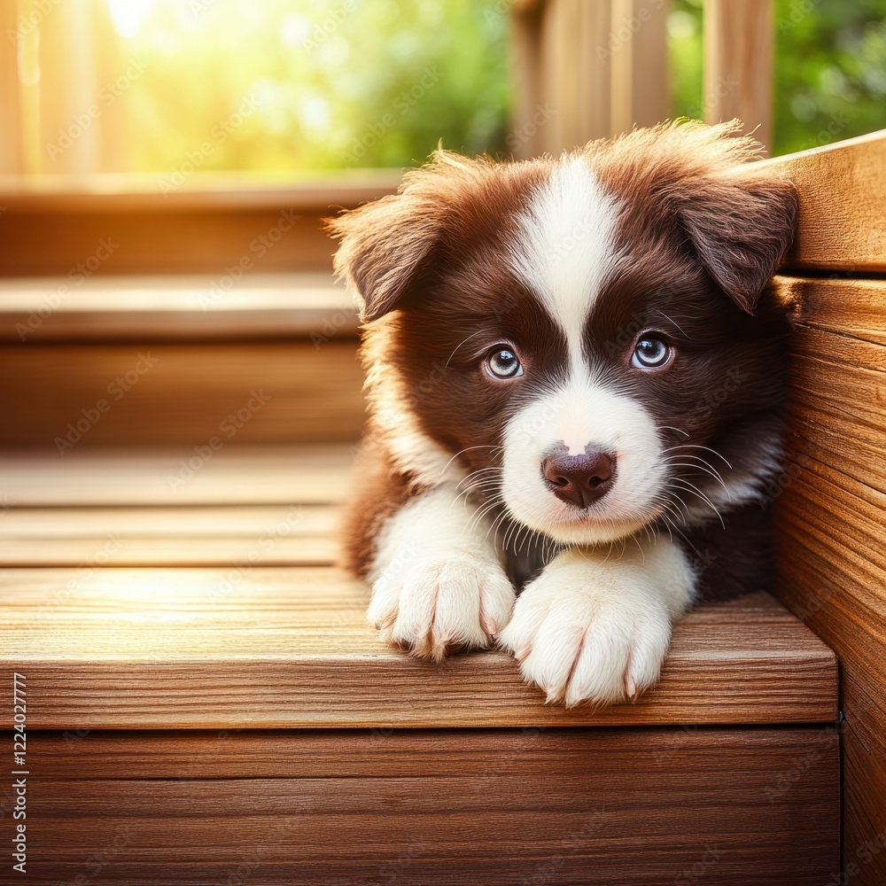 Adorable border collie puppy resting on wooden deck in warm sunlight, capturing innocence and charm of young canine companion Adorable border collie puppy resting on wooden deck in warm sunlight, capturing innocence and charm of young canine companion
