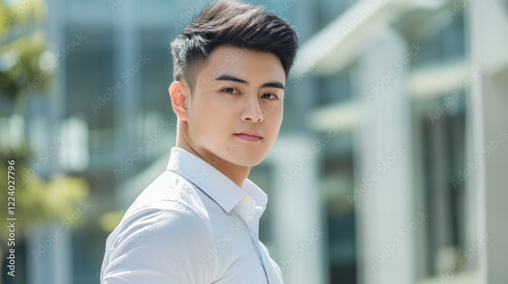 Obraz premium Young Asian business man in white shirt confidently posing outdoors in downtown area with modern glass buildings and greenery in background