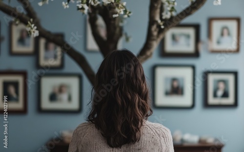 A woman and old photos on the wall: ancestral heritage, genealogical history, family legacy, generational ties, vintage portraits, DNA connections, genetic roots, historical lineage, familial bonds.
