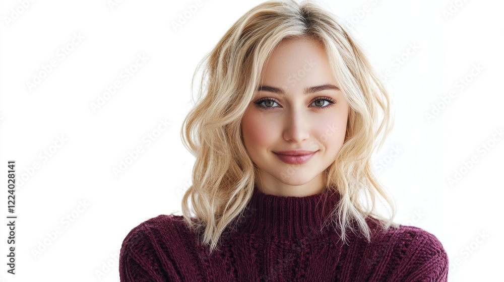 Fototapeta premium Blonde woman with wavy hair wearing a cozy burgundy winter dress posing against a bright white background showcasing a cheerful expression