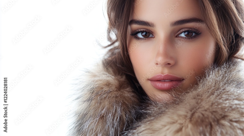 Brunette woman with natural makeup wearing luxury fur collar on bright white background showcasing elegant beauty and style. Brunette woman with natural makeup wearing luxury fur collar on bright white background showcasing elegant beauty and style.