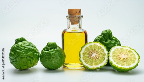 Kaffir lime essential oil and fresh kaffir limes. photo