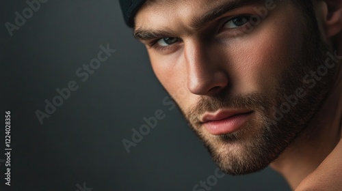 Handsome young man with facial stubble wearing black beanie in modern studio setting with grey backdrop showcasing strong jawline and intense gaze photo