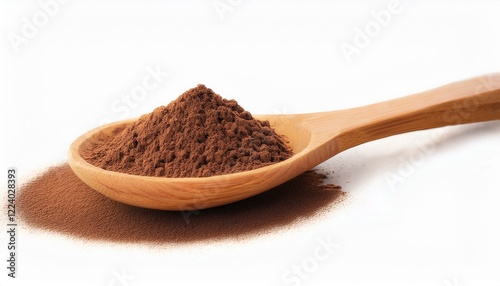 Cocoa powder in a wooden spoon. Rich, dark brown tones.