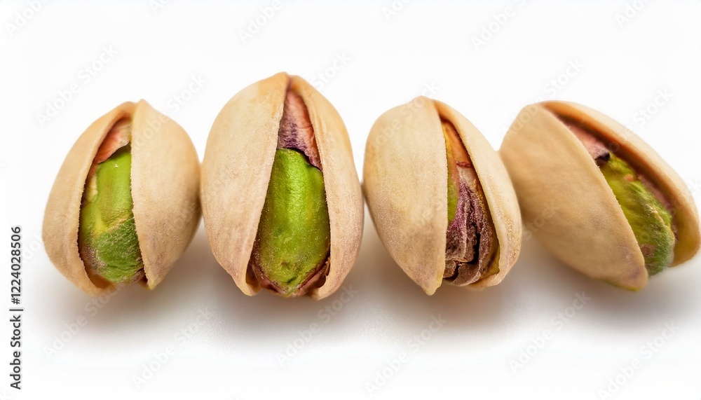 Four pistachios in their shells,  close-up shot against a white background.