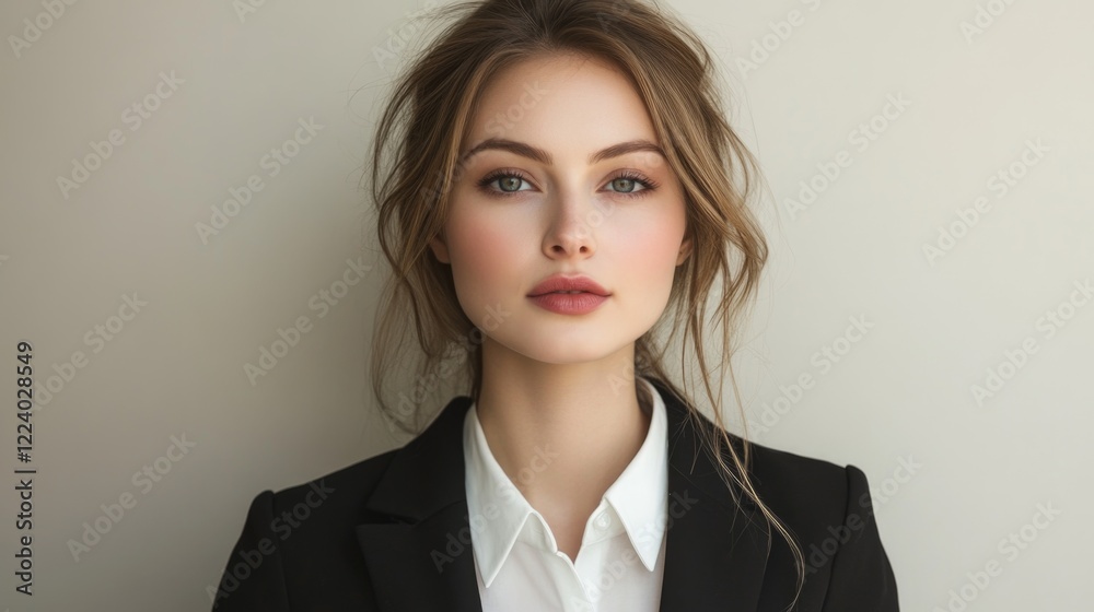 Confident young businesswoman in professional attire with natural makeup against a minimalistic light beige background in a studio setting. Confident young businesswoman in professional attire with natural makeup against a minimalistic light beige background in a studio setting.