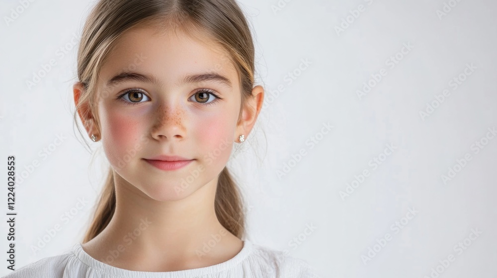 Attractive young girl with long brown hair wearing a white blouse and earrings, set against a clean white background, showcasing fashion and style concepts. Attractive young girl with long brown hair wearing a white blouse and earrings, set against a clean white background, showcasing fashion and style concepts.