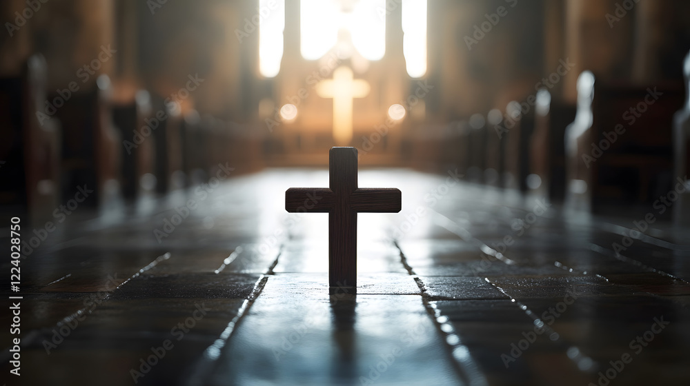 Naklejka premium Majestic Interior of Historic Church with Central Cross Silhouetted in Light : Generative AI
