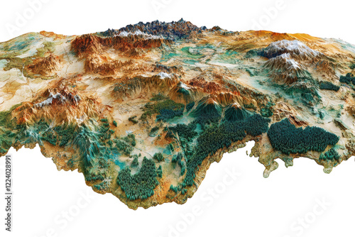 Colorful topographic relief map showing mountains, forests, and valleys, highlighting the diverse terrain and natural beauty of the region.