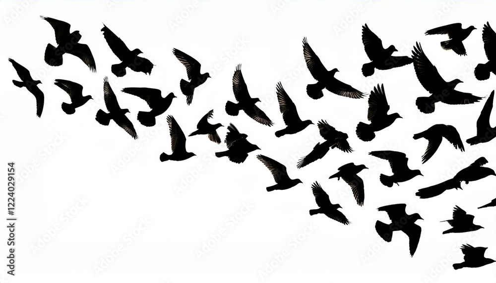 A flock of birds in flight against a white background.