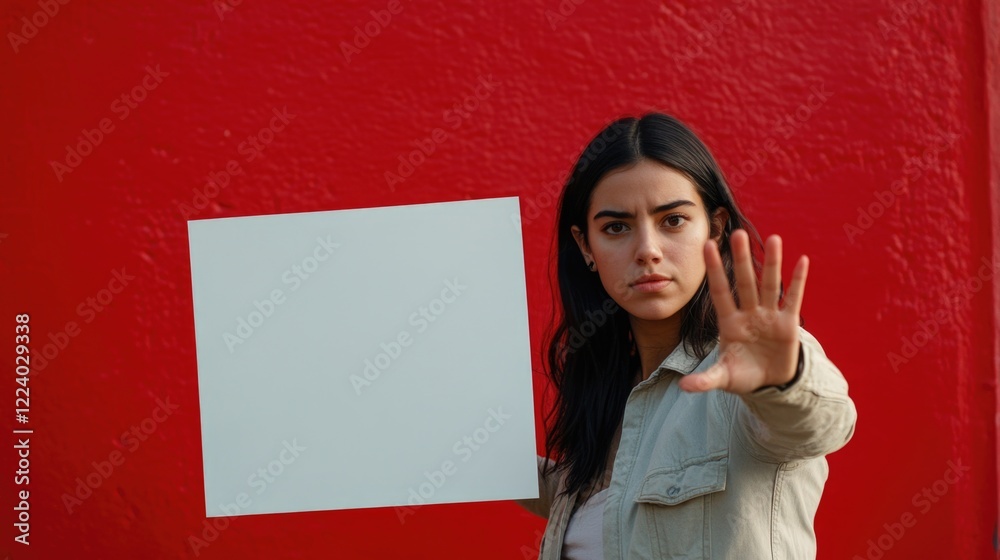 Confident Hispanic woman presenting blank sign with open hand gesture against vibrant red wall background conveying a strong message of assertiveness. Confident Hispanic woman presenting blank sign with open hand gesture against vibrant red wall background conveying a strong message of assertiveness.