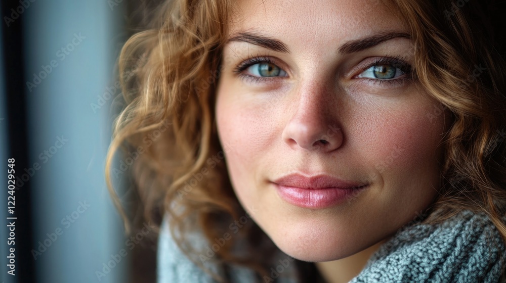 Beautiful closeup portrait of a young woman with curly brown hair and green eyes, wearing a cozy gray sweater, natural light indoors. Beautiful closeup portrait of a young woman with curly brown hair and green eyes, wearing a cozy gray sweater, natural light indoors.