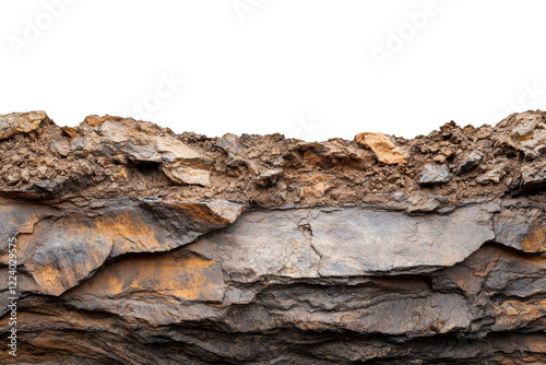 Detail of a rocky surface, showcasing layers of sediment and texture against a white isolated background for geological or educational purposes. photo