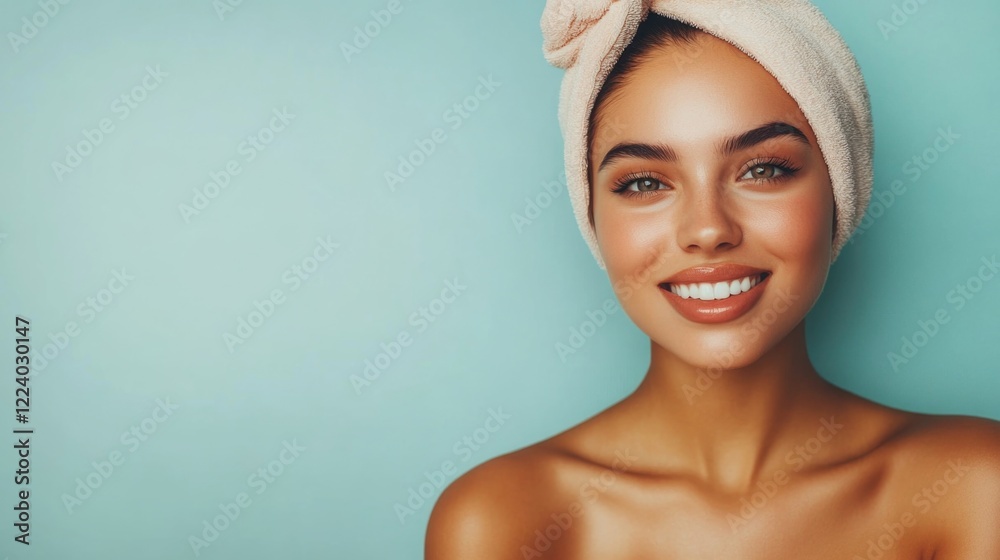 Smiling young woman with radiant skin and towel on head, preparing for luxurious spa treatment against soft turquoise backdrop. Smiling young woman with radiant skin and towel on head, preparing for luxurious spa treatment against soft turquoise backdrop.