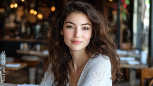 woman with long curly hair smiling at a table in a cozy cafe with warm lighting and wooden decor in a vibrant urban setting