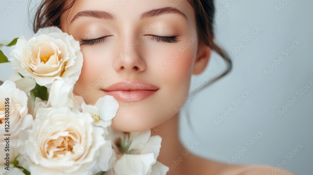 Elegantly poised woman with closed eyes gently holding white roses against a soft gray background, radiating serenity and natural beauty. Elegantly poised woman with closed eyes gently holding white roses against a soft gray background, radiating serenity and natural beauty.