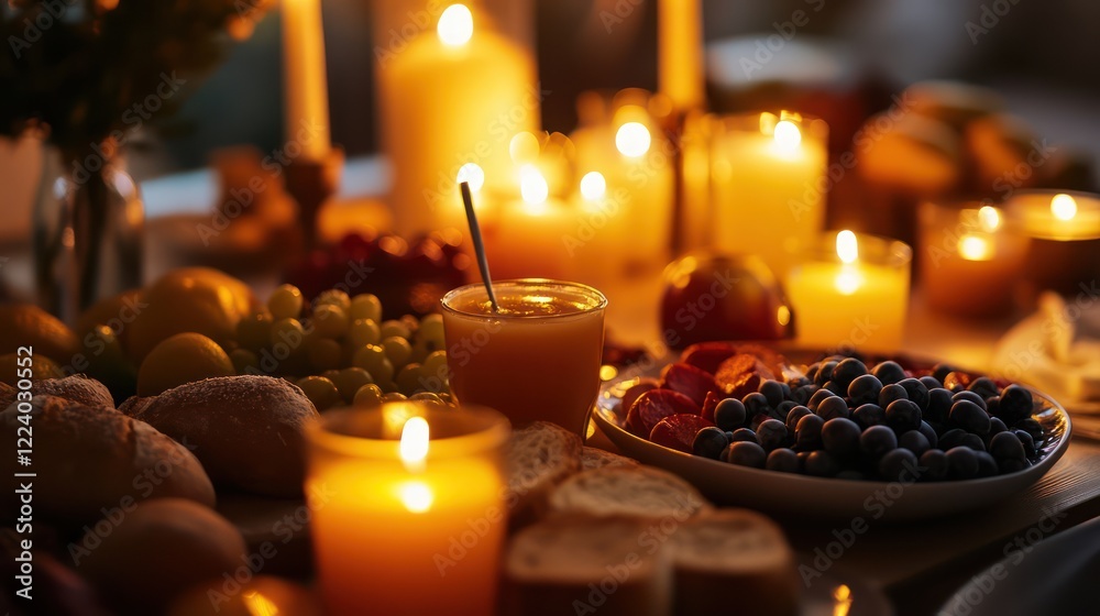 Obraz premium An Iftar meal with fresh fruits, juices, and warm bread, surrounded by candles, creating a peaceful and welcoming ambiance.