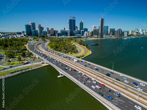 Aerial view of highway connecting to Perth CBD in Australia