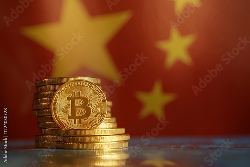 Stacked Bitcoins with a Red Chinese Flag in the Background, Emphasizing Cryptocurrency and International Market Trends.