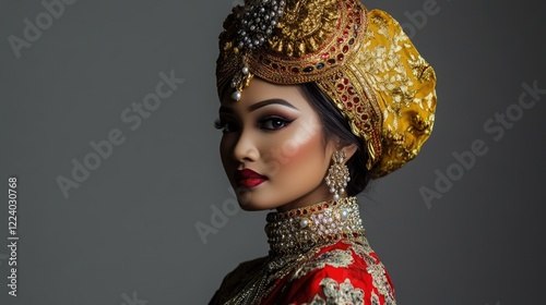 Elegant young Malay bride adorned in vibrant songket costume featuring intricate keris jewelry and hijab, showcasing classical beauty against soft grey backdrop. photo