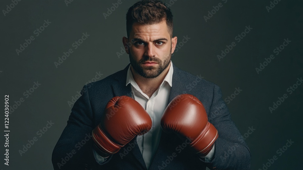 Businessman with brown boxing gloves wearing a dark suit and white shirt against a grey background showcasing determination and strength. Businessman with brown boxing gloves wearing a dark suit and white shirt against a grey background showcasing determination and strength.