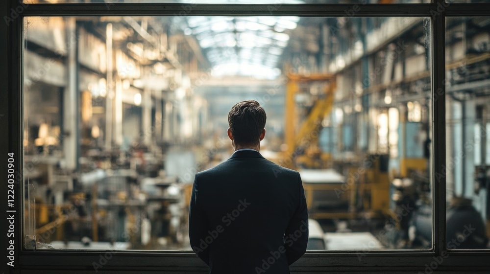 Fototapeta premium Businessman in suit gazing out large window at industrial factory interior with machinery in background, showcasing a serene yet contemplative mood