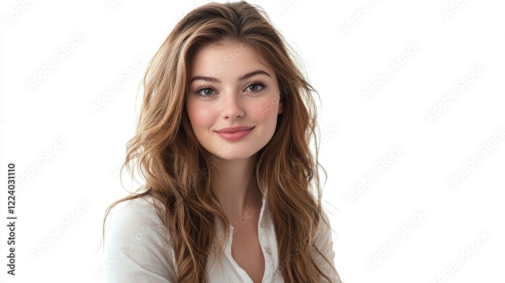 Studio portrait of a beautiful young woman with long wavy brown hair and soft makeup smiling in a white button-up shirt against a white background. Studio portrait of a beautiful young woman with long wavy brown hair and soft makeup smiling in a white button-up shirt against a white background.