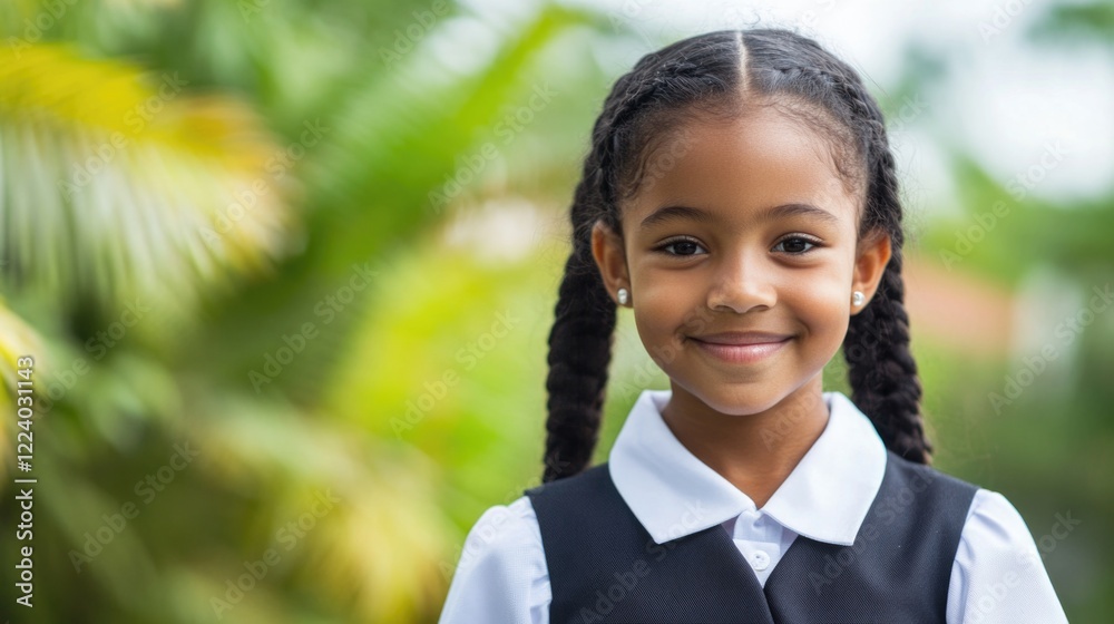 Smiling African girl student wearing a black and white school uniform with braided hair, surrounded by lush green tropical foliage. Smiling African girl student wearing a black and white school uniform with braided hair, surrounded by lush green tropical foliage.