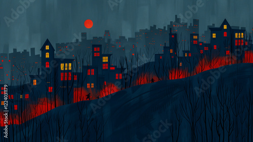 Eerie Cityscape with Glowing Windows and Red Haze.. photo