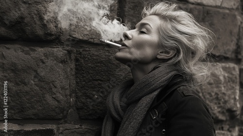 Caucasian woman with blonde hair smoking a cigarette outdoors against a textured stone wall in a monochrome setting showcasing relaxed demeanor and thoughtful expression. photo