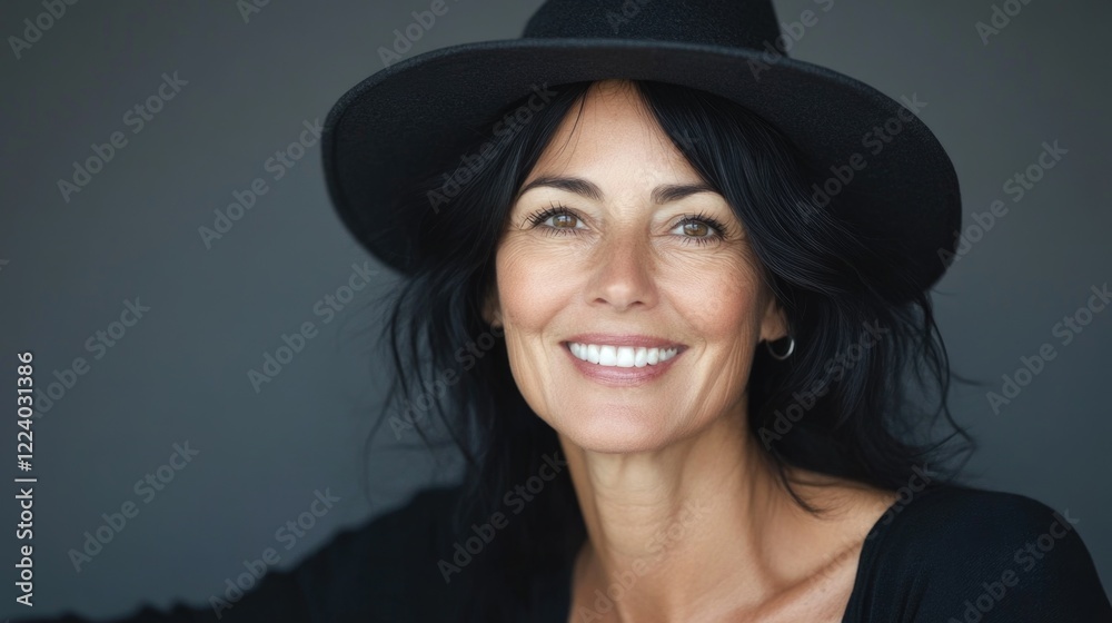 Charming 52-year-old woman with black hair wearing a stylish feminine hat smiling joyfully against a neutral background showcasing elegance. Charming 52-year-old woman with black hair wearing a stylish feminine hat smiling joyfully against a neutral background showcasing elegance.