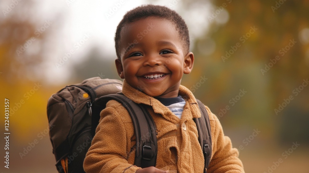 Smiling African American toddler boy with a backpack in a warm autumn setting surrounded by colorful foliage. Smiling African American toddler boy with a backpack in a warm autumn setting surrounded by colorful foliage.
