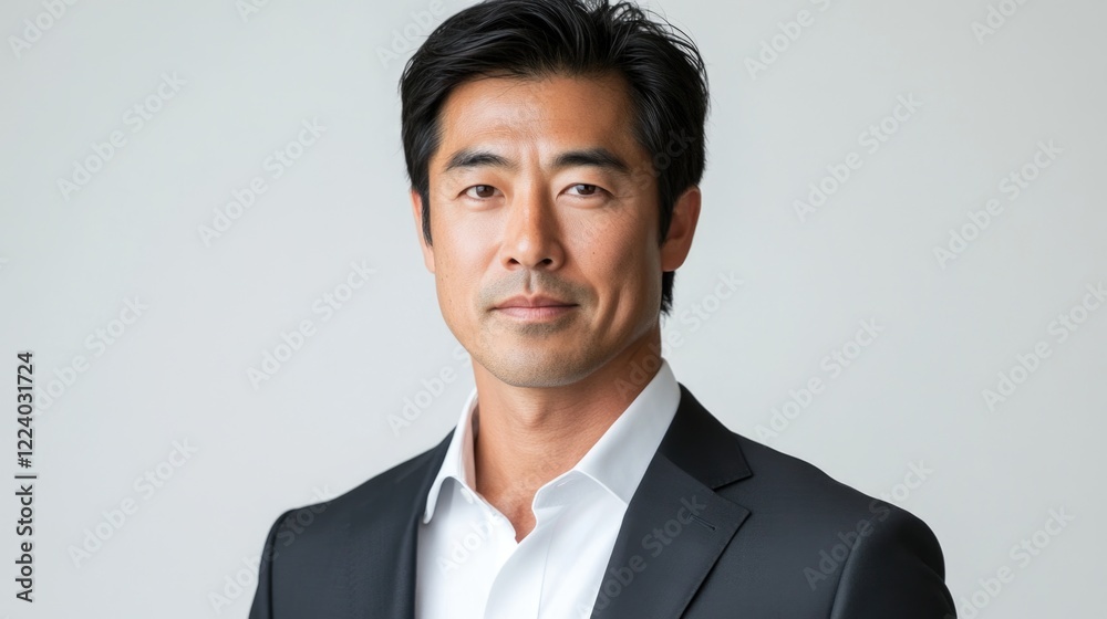 Confident Middle-aged Asian Man in Formal Business Suit Against White Background with Neutral Copy Space Ideal for Professional Contexts Confident Middle-aged Asian Man in Formal Business Suit Against White Background with Neutral Copy Space Ideal for Professional Contexts