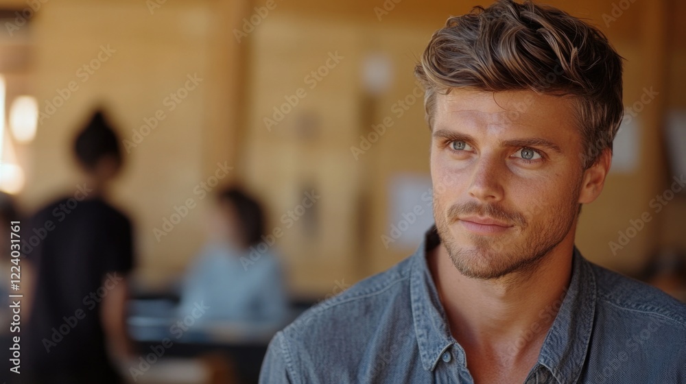 Fototapeta premium Confident Male Teacher in Bright Classroom Setting Engaging with Students with Warm Wood Tones and Natural Light