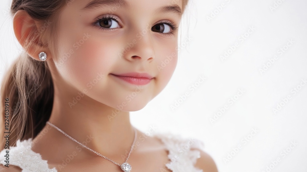 Charming young girl with long brown hair elegantly sips milk through a colorful straw, adorned with sparkling jewelry, against a soft white background. Charming young girl with long brown hair elegantly sips milk through a colorful straw, adorned with sparkling jewelry, against a soft white background.