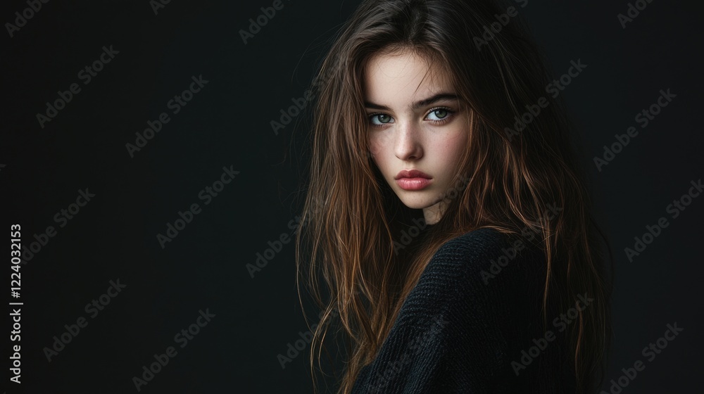 Fototapeta premium portrait of a young girl with long dark hair and soft features against a textured dark background showcasing subtle lighting and natural beauty