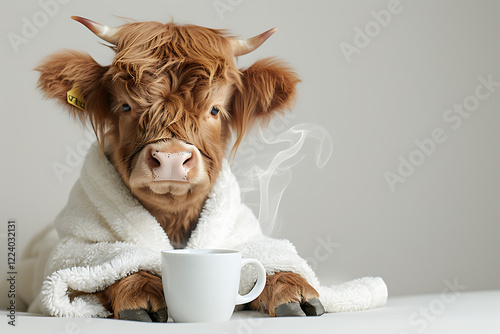 funny animal photos, visualize adorable highland cow in white bathrobe sipping steamy coffee against a white background