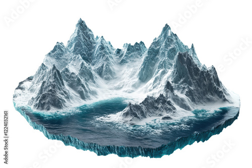 Stunning icy mountain range with snowy peaks and a glacial body of water, isolated on a white background, perfect for winter-themed projects. photo